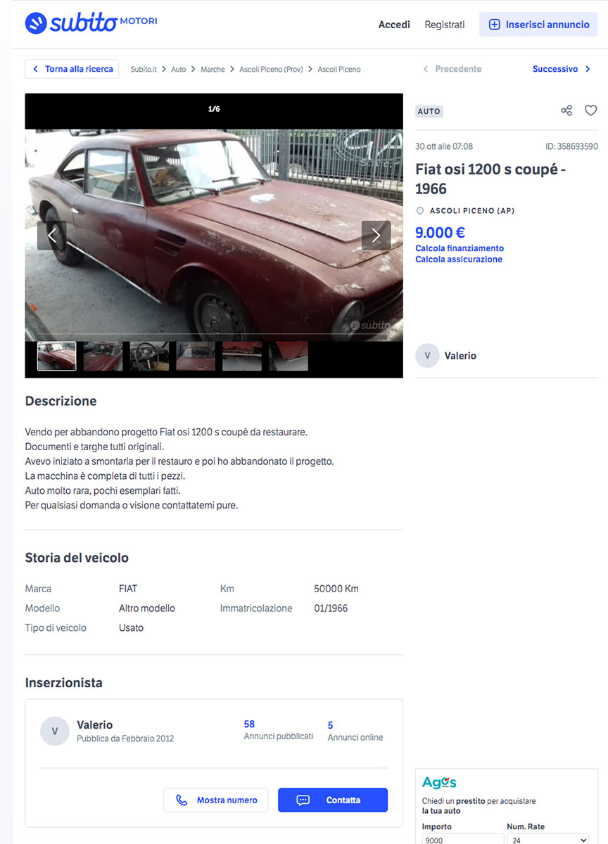 OSI 1200 S Coupé, annuncio su subito.it, ottobre 2020